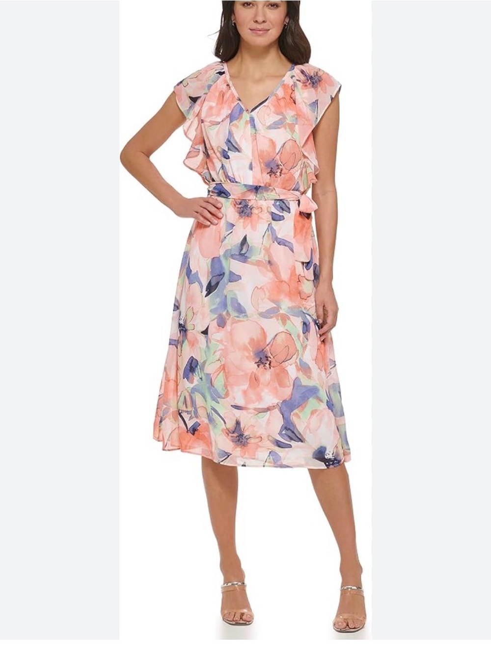 Dkny Peach Floral V-Neck Ruffle Midi Dress